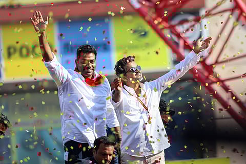 TVK chief actor Vijay campaigning for party leader Aadhav Arjuna in Villivakkam on Monday