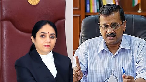 (L) Justice Swarana Kanta Sharma, (R) AAP chief Arvind Kejriwal