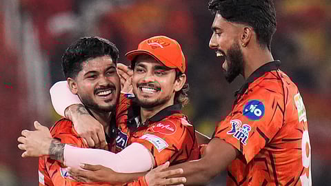 Sunrisers Hyderabad's captain Ishan Kishan celebrates with teammates after his team's win during the Indian Premier League (IPL) 2026 T20 cricket match between Sunrisers Hyderabad and Chennai Super Kings, in Hyderabad,