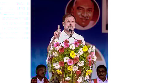 LoP in Lok Sabha and Congress leader Rahul Gandhi addresses a public meeting in support of party candidates ahead of the West Bengal Assembly elections, at Colachel in Kanniyakumari, Monday, April 20, 2026 