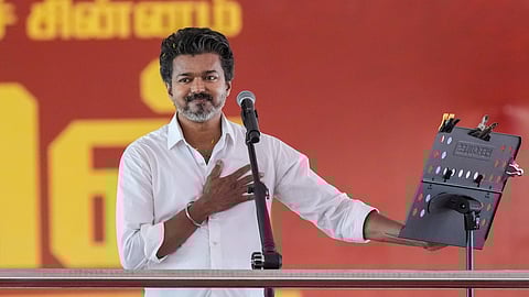 Tamilaga Vettri Kazhagam (TVK) chief Vijay addresses a public meeting ahead of the Tamil Nadu Assembly elections, in Chennai, Tuesday, April 21, 2026. 