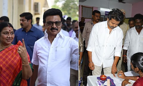 L-R: DMK President MK Stalin poses with his wife Durga after casting their votes; polling staff mark ink on TVK chief and actor Vijay's finger at the voting booth. 