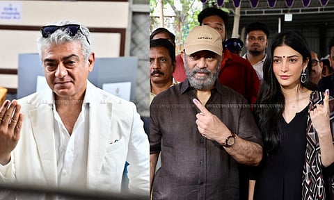 R-L: Rajya Sabha MP Kamal Haasan and actress Shruti Haasan and actor Ajith Kumar, display their inked fingers after casting their votes.