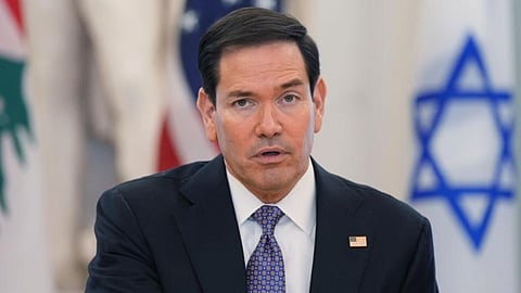 Secretary of State Marco Rubio speaks during diplomatic talks with ambassadors of Lebanon and Israel at the State Department in Washington