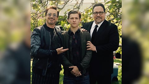 Filmmaker-actor Jon Favreau with Robert Downey Jr and Tom Holland