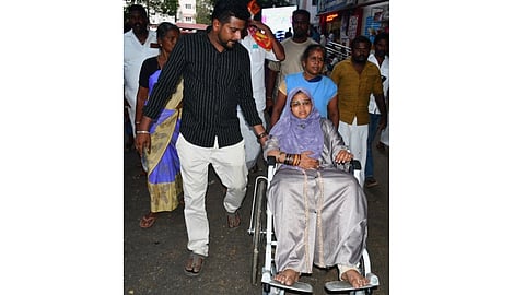 Papanasam NTK candidate Aneez Fathima being rushed to a hospital in Thanjavur on Thursday

