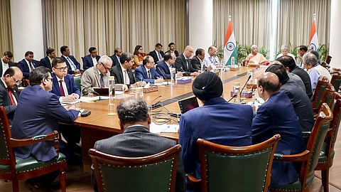Union Finance Minister Nirmala Sitharaman chairs a meeting with Union Railways Minister Ashwini Vaishnaw, and other officials, to review cybersecurity preparedness of banks, in New Delhi.