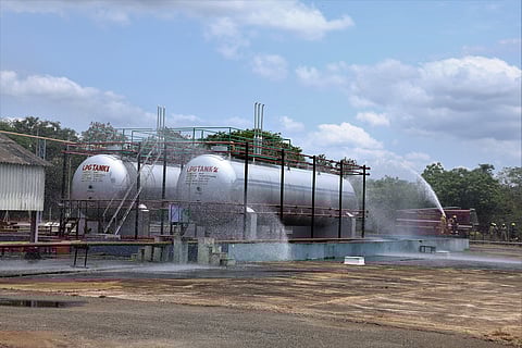 Fire service personnel conducting a drill at the LPG yard at BHEL, Tiruchy, on Friday