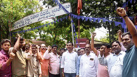 Telangana State Road Transport Corporation (RTC) employees go on a strike in support of their charter of 32 demands, including merger of RTC with the government, bringing a disruption to the service, in Hyderabad, Wednesday, April 22, 2026