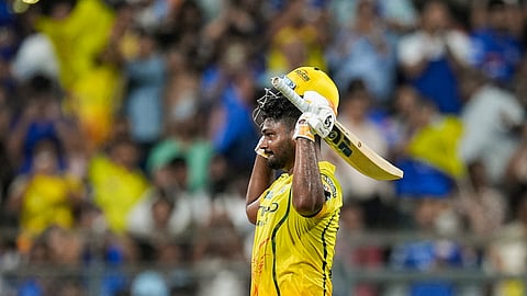 Chennai Super Kings' Sanju Samson celebrates his century during an Indian Premier League (IPL) 2026 T20 cricket match between Mumbai Indians and Chennai Super Kings, in Mumbai, Maharashtra, Thursday, April 23, 2026 
