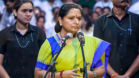 Former Telangana Chief Minister K Chandrasekhar Rao's daughter, K Kavitha addresses the gathering as she launches a political outfit, named 'Telangana Rashtra Sena' (TRS), in Hyderabad 