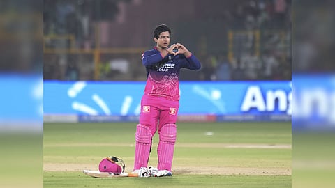 Rajasthan Royals' Vaibhav Sooryavanshi celebrates his century during the Indian Premier League (2026) T20 cricket match between Rajasthan Royals and Sunrisers Hyderabad, in Jaipur, Rajasthan