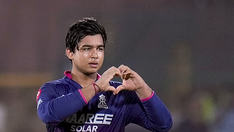 RR's Vaibhav Sooryavanshi celebrates his century during the Indian Premier League (2026) T20 cricket match between Rajasthan Royals and Sunrisers Hyderabad, in Jaipur, Rajasthan.