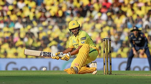 Karthik Sharma plays a shot during the Indian Premier League (IPL) T20 cricket match between Chennai Super Kings and Gujarat Titans, in Chennai, Tamil Nadu, Sunday, April 26, 2026 