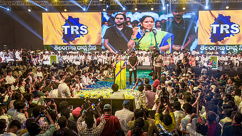 Former Telangana Chief Minister K Chandrasekhar Rao's daughter, K Kavitha addresses the formation of her new political party 'Telangana Rashtra Sena' (TRS), at Munirabad, in Medchal district, Saturday, April 25, 2026