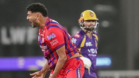 Lucknow Super Giants Mohsin Khan celebrates after taking the wicket of Kolkata Knight Riders Anukul Roy during the Indian Premier League (IPL) T20 cricket match between Lucknow Super Giants and Kolkata Knight Riders, in Lucknow, Uttar Pradesh, Sunday, April 26, 2026.