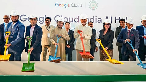 Andhra Pradesh Chief Minister N Chandrababu Naidu during the foundation-stone laying ceremony of the Google Cloud India AI Hub