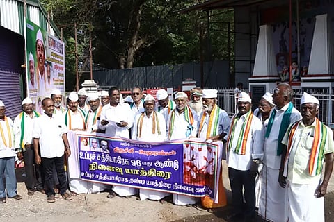 Members of the Salt Satyagraha movement reenacting the yatra in front of the memorial in Vedaranyam on Tuesday
