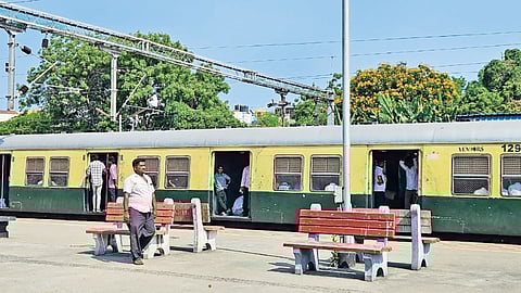 A passenger walking on the platform exposed to scorching
sun due to inadequate roofing in Chetpet railway station