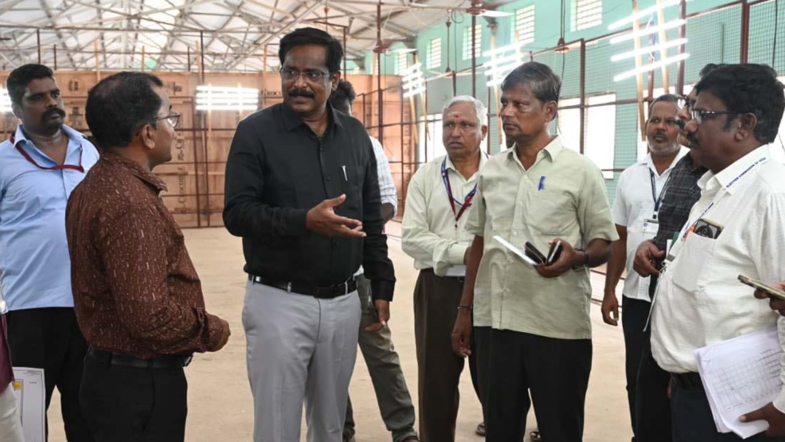 District Electoral Officer K Tharpagaraj inspecting arrangements at a vote counting centre in  Tiruvannamalai 