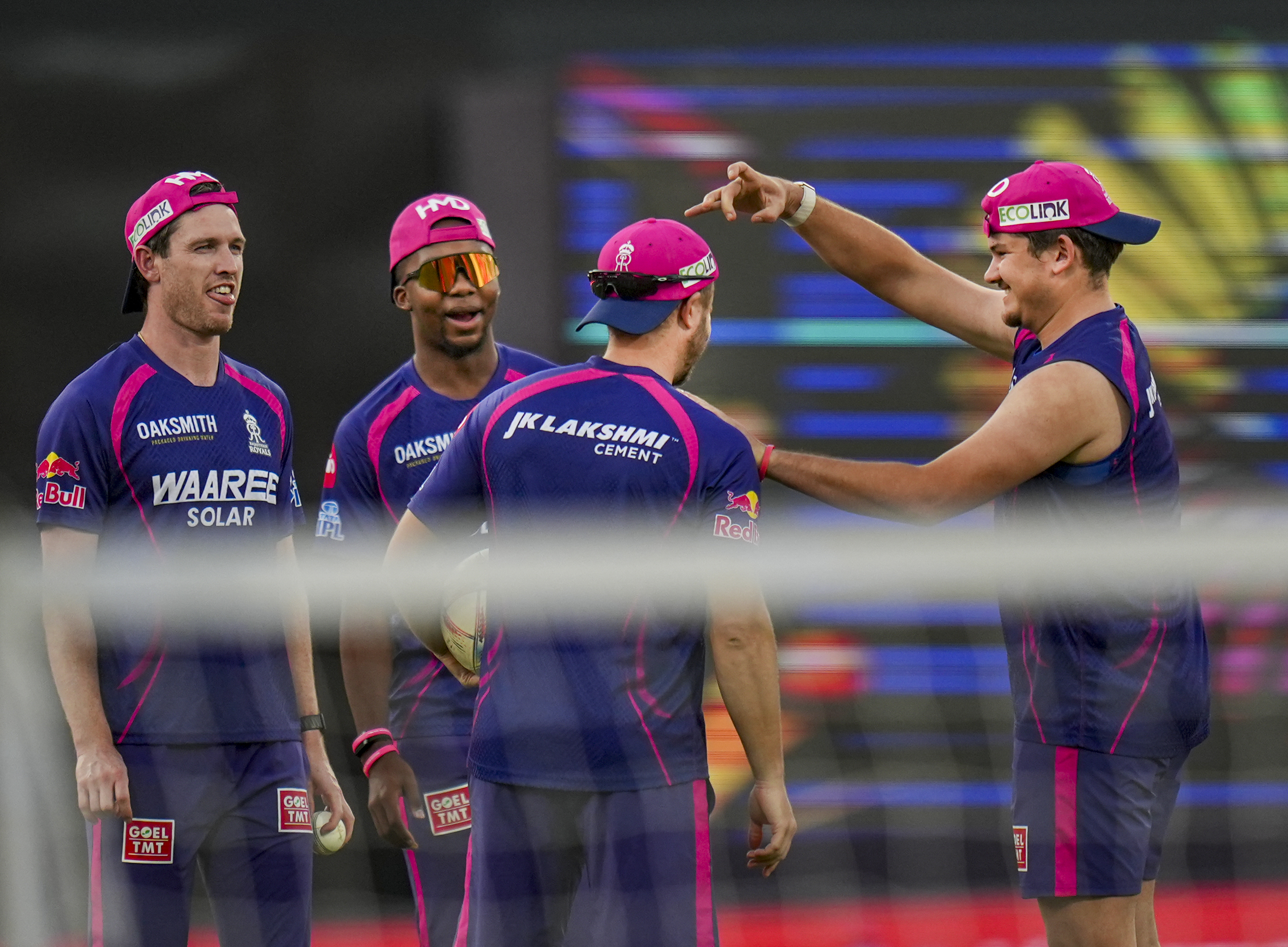 Mullanpur: Rajasthan Royals� Lhuan-dre Pretourious, right, Adam Milne, left, and Kwena Maphaka, second left, during warm up before the Indian Premier League (IPL) 2026 T20 cricket match between Punjab Kings and Rajasthan Royals, in Mullanpur, Tuesday, April 28, 2026. (PTI Photo/Shiva Sharma)(PTI04_28_2026_000331B)