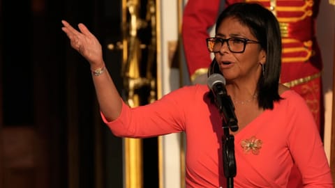 Venezuela’s acting President Delcy Rodriguez speaks at Miraflores Palace during a meeting with Colombian President Gustavo Petro in Caracas, Venezuela