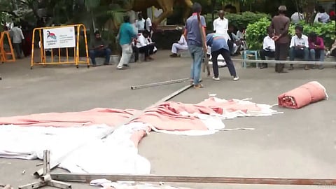 Visuals of dismantled tents at Anna Arivalayam
