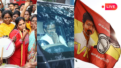 TVK supporters in Chennai blow the whistle as the newest electoral entrant marches towards victory in the state on May 4, 2026; Vijay greets people as he goes to collect his victory certificate for Perambur; a TVK flag flies in the wind. 