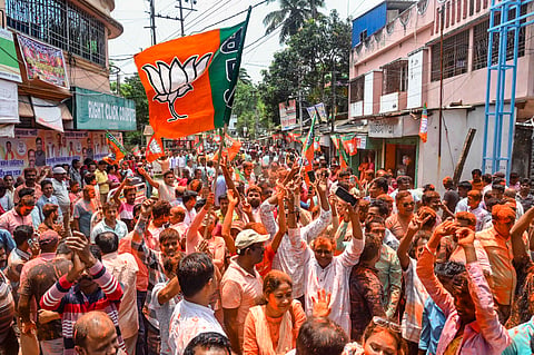 Kolkata: BJP supporters celebrate the party's lead during vote tabulation on the day of Assembly election results, in Kolkata, Monday, May 4, 2026. 