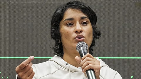 Wrestler and Congress leader Vinesh Phogat addresses a press conference, in New Delhi