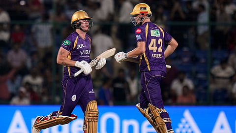  Kolkata Knight Riders' Finn Allen, left, and Cameron Green run between the wickets during an Indian Premier League (IPL) 2026