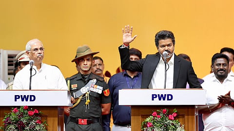 Vijay goes off the script during the oath-taking ceremony in Jawaharlal Nehru stadium, Chennai