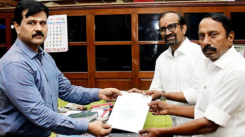 TVK senior leaders and Ministers K A Sengottaiyan and P Venkataramanan submitted Vijay's resignation letter to Assembly Secretary K Srinivasan at the Assembly Secretariat 