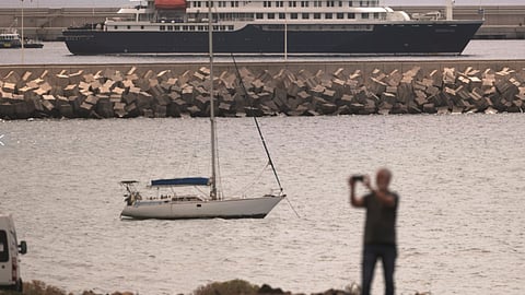 The hantavirus-stricken cruise ship MV Hondius is seen at anchor at the port of Granadilla in Tenerife, Canary Islands