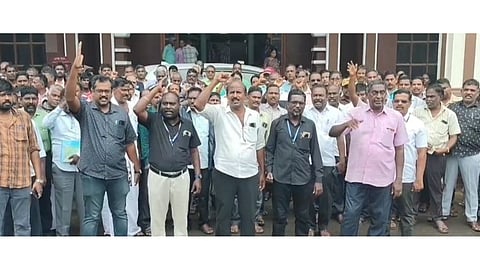 Government employees stage protest in Tiruvarur on Friday 