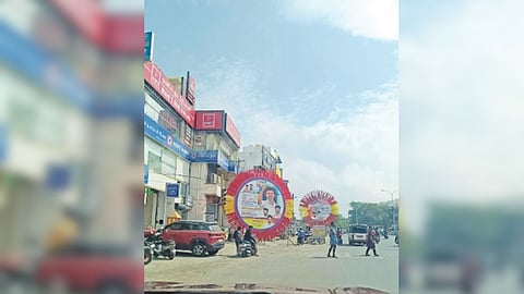 TVK banner obstructing road in Selvam Nagar, Pallikaranai