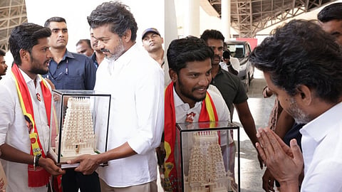 Srirangam TVK MLA S Ramesh with Chief Minister and party chief C Joseph Vijay (file photo)
