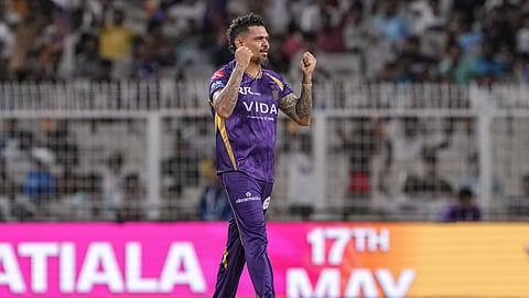 Kolkata Knight Riders' Sunil Narine celebrates the wicket of Gujarat Titans' captain Shubman Gill during an Indian Premier League (IPL) 2026