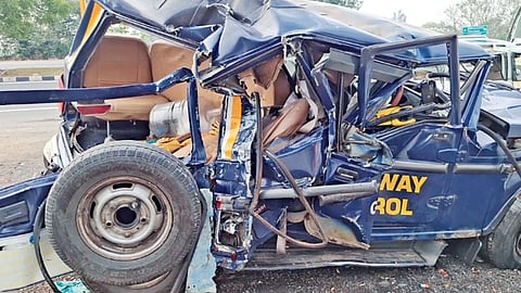 Mangled remains of police patrol vehicle after an accident on
Tiruchy-Chennai National Highway on May 16