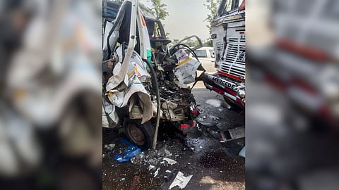 Damaged remains of vehicles after a collision between a van and a truck on the Sisaiya-Lakhimpur national highway, in Lakhimpur, Uttar Pradesh. At least eight people were killed and two others were critically injured in the incident.