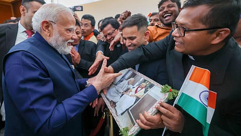 Prime Minister Narendra Modi being welcomed by members of the Indian diaspora and others upon his arrival, in Rome, Italy