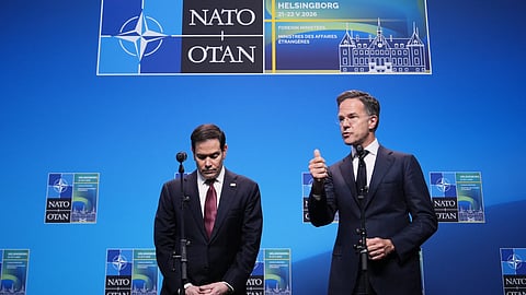 United States Secretary of State Marco Rubio, left, and NATO Secretary General Mark Rutte deliver a statement during a meeting of NATO foreign ministers in Helsingborg, Sweden