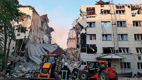 This photo released by Moscow-appointed head of Russian-controlled Luhansk region Leonid Pasechnik Telegram channel on Friday, May 22, 2026, shows dormitory of a university college building damaged by Ukrainian drones in Starobilsk, Ukraine.