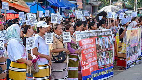 Women take part in a protest demanding the safe release of six missing Naga civilians, allegedly abducted by suspected armed militants following an ambush in Kangpokpi district on May 13, at Kanglatongbi village, in Imphal West district of Manipur, Wednesday, May 20, 2026