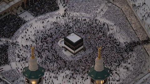 Muslim pilgrims circumambulate the Kaaba, Islam's holiest site, at the Grand Mosque, during the annual Hajj pilgrimage in Mecca, Saudi Arabia, Sunday, May 24, 2026.