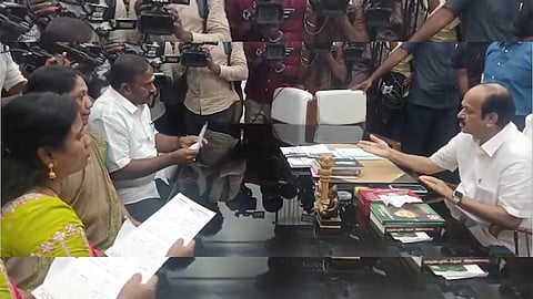  AIADMK MLAs Maragatham Kumaravel, Sathyabama, and Jayakumar resigned after meeting Tamil Nadu Assembly Speaker JCD Prabhakar at the Secretariat.