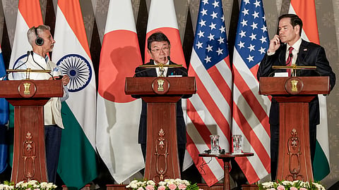 From left, External Affairs Minister S Jaishankar, Japanese Foreign Minister Toshimitsu Motegi and US Secretary of State Marco Rubio during a joint press conference after attending the Quad Foreign Ministers' Meeting, in New Delhi. 