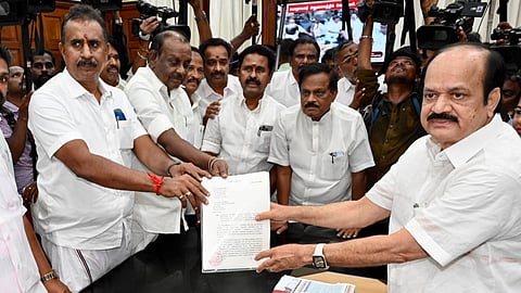 AIADMK MLAs, who were part of the rebel camp, submitting letter to Speaker JCD Prabhakar, seeking to withdraw support extended to Chief Minister Vijay-led government and electing general secretary Edappadi K Palaniswami as the floor leader, in Chennai on May 27