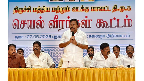 KN Nehru addressing party functionaries in Tiruchy on Wednesday 