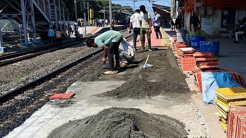 The ongoing tactile flooring work under the ABSS at the Chromepet railway station